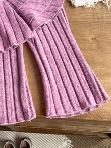 2pcs Set Atasan dan Celana Lengan Lonceng Bergaris Vertikal Lucu Gaya Mori untuk Bayi Perempuan, Minimalis Musim Semi/Gugur - Lilac Purple - View 5