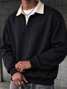 Sweatshirt Polo Berkerah Warna-warni Kasual Minimalis Serbaguna untuk Pria Musim Gugur/Dingin - Hitam - View 5