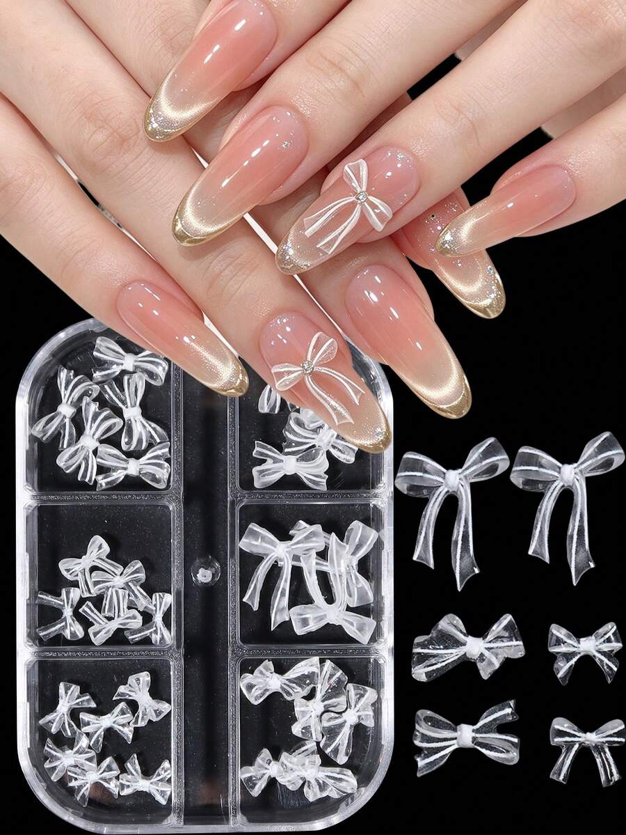 Transparent Soft Carved Bow Nail Art Charms, Boxed Mixed Style 3D Transparent Nail Decorations, Suitable For Press-On And Natural Nails DIY Nail Accessories - White - View 1