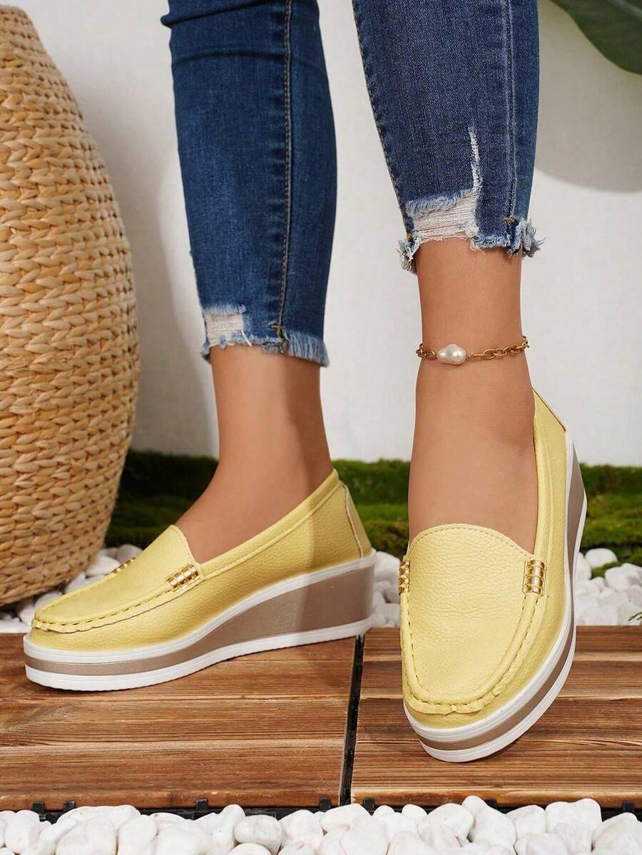 Comfortable Versatile Wedge Heel Thick Sole Plus Size Women's Shoes, Autumn New Slouchy Slip-On Soft Sole Platform Loafers - Yellow - View 1