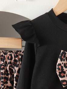 2pcs Girls Sweet Cool Spicy Style Big Bow Decor Flutter Sleeve Round Neck Long Sleeve Top & Leopard Print High Waist Elastic Skirt Set, Spring/Autumn - Black - View 5