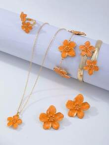 1 Set French Vintage Fashion Orange Oil Drop Flower Jewelry Set, Light Luxury Floral Accessories (Flower Center Oil Drop Gradient With Random Uneven Color Distribution) - Flowers - View 1