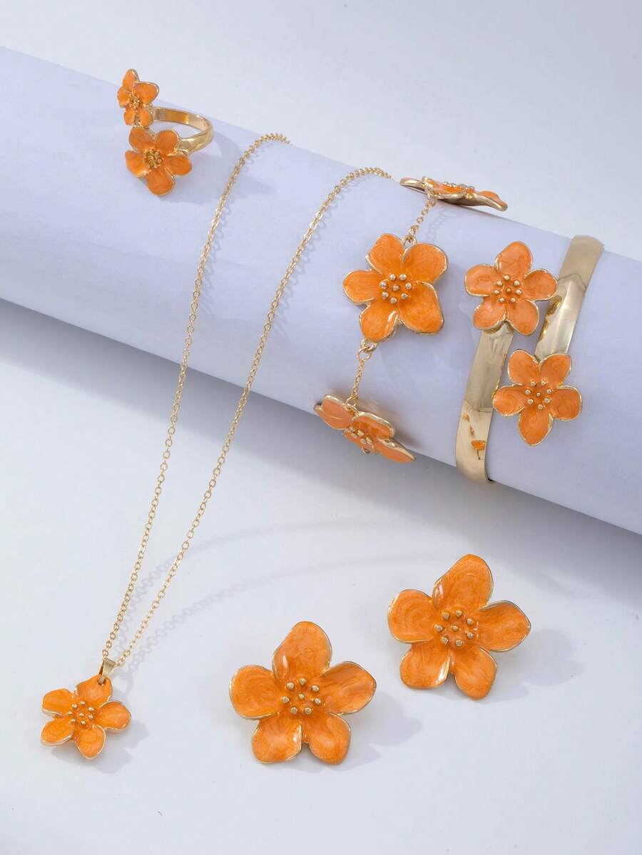 1 Set French Vintage Fashion Orange Oil Drop Flower Jewelry Set, Light Luxury Floral Accessories (Flower Center Oil Drop Gradient With Random Uneven Color Distribution) - Flowers - View 1