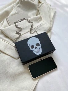 Cool Punk Style White Skull Print Square Box Bag, Metal Chain Shoulder Crossbody Small Bag, Dark Style Cos Personalized Holiday Party Clutch Evening Bag - Black - View 8