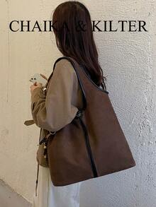 1pc Suede Fabric Shoulder Tote Bag, Suitable For Commuting, Shopping, Etc. (With Pendant) - Coffee - View 7