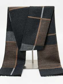 1pc Men's Striped Checkered Tassel Scarf, Retro Business Warm Thick Scarf, Suitable For Daily Commuting In Autumn And Winter, Office And Casual Wear. - Heather Gray - View 3