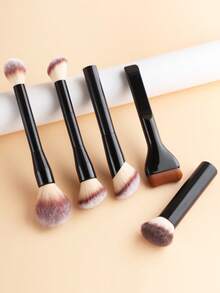 5pcs Makeup Brush Set With Dual-Ended Round Blush & Powder Brush, Dual-Ended Contour & Sculpting Brush, Wavy Foundation Brush, Angled Contour Brush, Dual-Color Soft Bristles Multi-Use, Full Face Makeup Tools For Beginners Daily Light Makeup And Date Looks - Multicolor - View 4