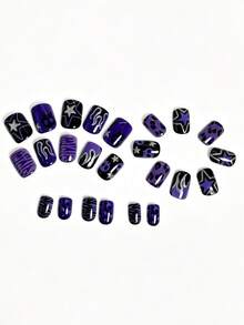 24片短方型穿戴式美甲片，紫色與黑色Y2K風格，銀色五角星、抽象火焰手繪、紫色豹紋、黑色斑馬紋理與卡通塗鴉圖案，美甲配件，秋冬美甲，適合派對、搖滾演唱會、街頭風、哥德日常、生日派對、夜店出遊、節日Cosplay，美甲用品，女性美甲 - 紫色 - 查看 4