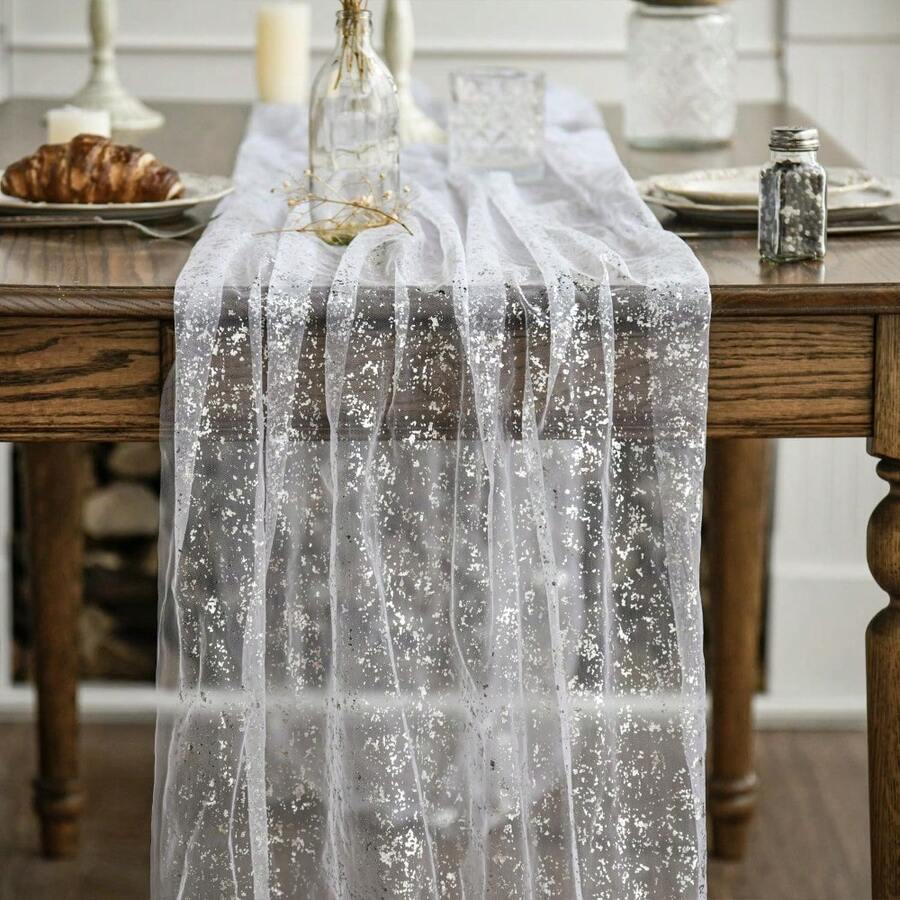 Artoid Mode Red Gold Gauze Table Runner 120 Inch 10FT, Glitter Metallic Foil Sheer Dining Wedding Anniversary Holiday Table Decor For Home Party - Silver - View 1