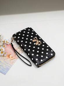 New Polka Dot Print Long Zipper Wallet With Metal Bowknot Decoration, Wrist Strap, Card Slots And Coin Compartment - Multicolor - View 4