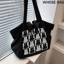 Large Canvas Tote Bag, Black White Checkered Rabbit Pattern Shoulder Handbag, Reusable Shopping Bag For School Work Travel Daily Use, Bag - Multicolor - View 6