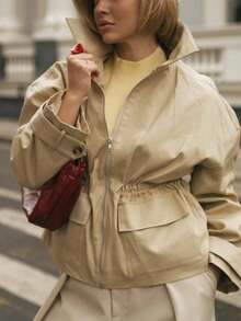 Khaki Lapel Front Zipper Waist Drawstring Hem Flap Pocket Long Sleeve Jacket - Apricot - View 3