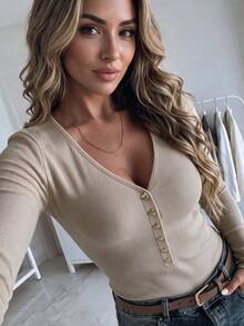 PoPoHouse Women's Fall Winter Designed Sexy V-Neck Long Sleeve Ribbed T-Shirt, Heart Button Decor Inner Base Top For Daily Commute - Khaki - View 1