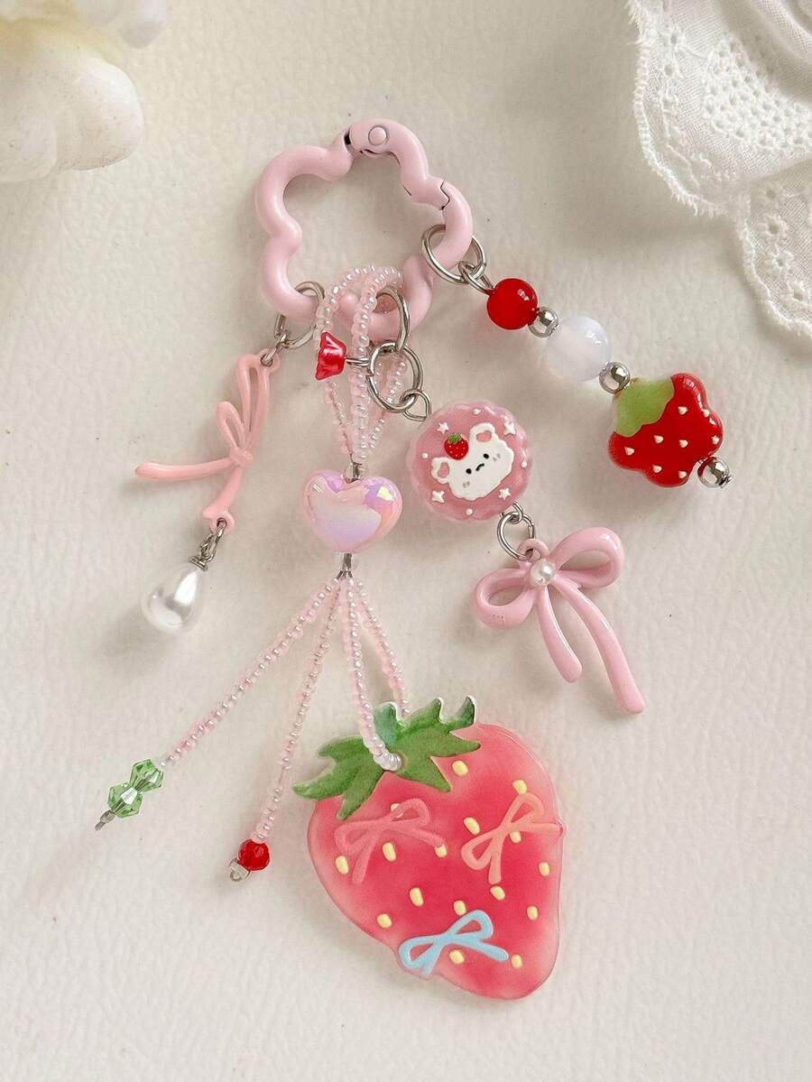 1pc Acrylic Strawberry Pink Korean Ins Style Girly Beaded Phone Chain Backpack Charm Keychain - Multicolor - View 1
