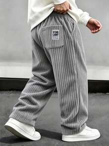 Men's Casual Letter Print Corduroy Loose Straight Leg Pants - Grey - View 1