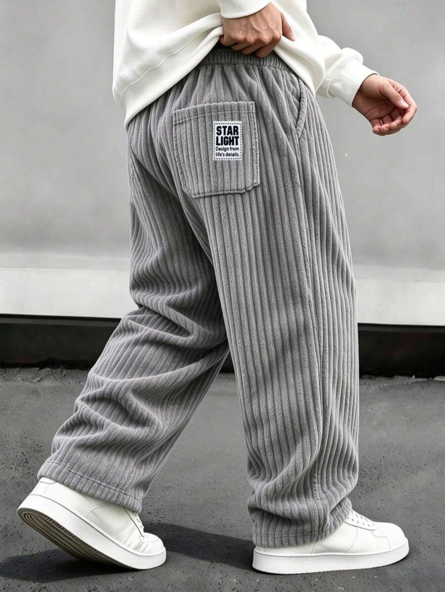 Men's Casual Letter Print Corduroy Loose Straight Leg Pants - Grey - View 1