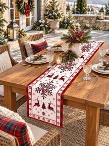 1pc-Christmas Table Runner, Red Plaid Reindeer Snowflake Mini Christmas Tree Pattern Table Runner, Rustic Farmhouse Xmas Holiday Table Decor - Multicolor - View 4