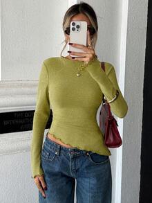 Elegant Solid Color Ribbed Knitted Long Sleeved Top For Autumn And Winter,Versatile For Daily Use, Suitable For Commuting And Going Out On The Streets - Grass Green - View 6