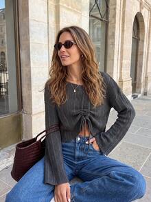 Design Drawstring Ruched Short Knit Top, Grey Ribbed Long Sleeve Waist-Cinched Slimming Top For Women - Dark Grey - View 6
