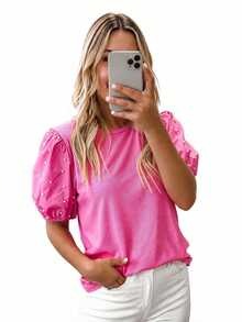 Acelitt Women's Pink Pearl Decor Knit Ribbed Petal Sleeve Round Neck Top, Fashionable And Elegant For Summer Casual - Pink - View 1