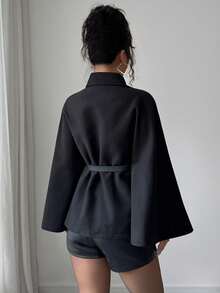 Women's Solid Color Elegant Casual Daily Work/Office Commute Belted Lapel Shawl Sleeve Design Wool Coat Autumn/Winter - Black - View 2