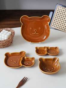1pc Bear Ceramic Plate, Brown Dual-Compartment Bear Plate, Exquisite, Suitable For Home Decor Tableware, French Fries Fried Chicken Dipping Sauce Plate, Gift, Holiday Decoration - Multicolor - View 4