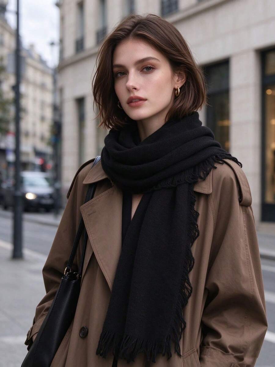 suzhichou 1Pc 100% Wool Ruffled Fringe Scarf, Elegant Wood Ear Edge Aesthetic Shawl Wrap, Lightweight Soft Long Neck Scarf, Women Fall Winter Decorative - Black - View 1