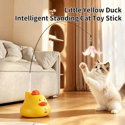 1pc Yellow Duck Smart Automatic Cat Teaser Toy With Bird Chirping Sound, 360° Rotating Interactive Pet Toy, USB Rechargeable 2-In-1 Replaceable Feather & Bird Accessories, High Elasticity Carbon Steel Rod, Detachable Washable Base, Indoor Kitten Self-Entertainment Exercise Toy