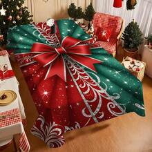 1pc Christmas Party Tablecloth, Red & Green Gift Box Large Bow & Shiny Star Design, Durable Polyester Fabric, Suitable For Indoor/Outdoor Daily & Christmas Holiday Party Decoration, Easy To Clean Tablecloth, Fits Coffee Table, Dining Table, Hotel, Restaurant, Camping & Festive American Christmas Home Kitchen Decor - C - View 11