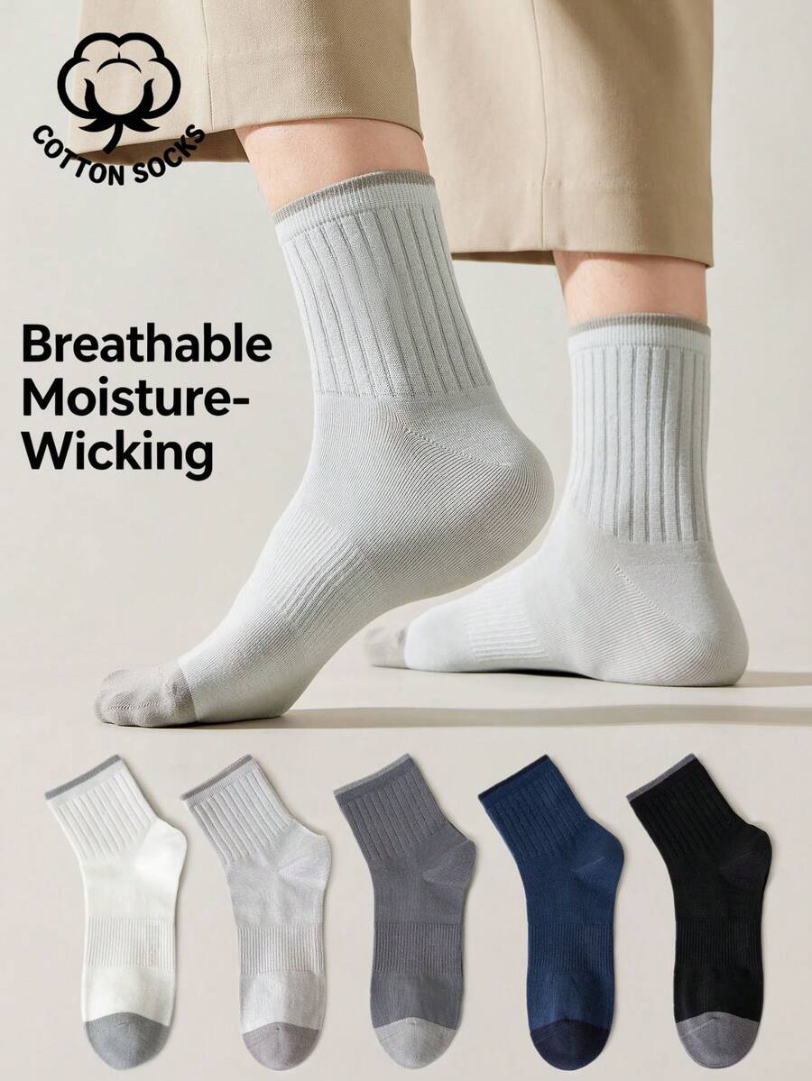 5 Pairs Men's Cotton Crew Socks, Breathable Moisture‑Wicking Mid‑Calf Socks, Solid Color Soft Casual Daily Sports Socks For Men - Multicolor - View 1