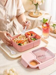 1pc Pink Lunch Box With Utensils, Bento Box With Spoon And Fork, Microwave , Insulated Lunch Bag, 3-Compartment Food Storage Container Set, Suitable For Christmas Gift, Student Back To School, Birthday Gift, Holiday Gift - View 4