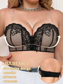 mimilemon Plus Size Lace Bandeau Bra, Wire-Free Front Tie Design Anti-Slip Support Bra - Black - View 4