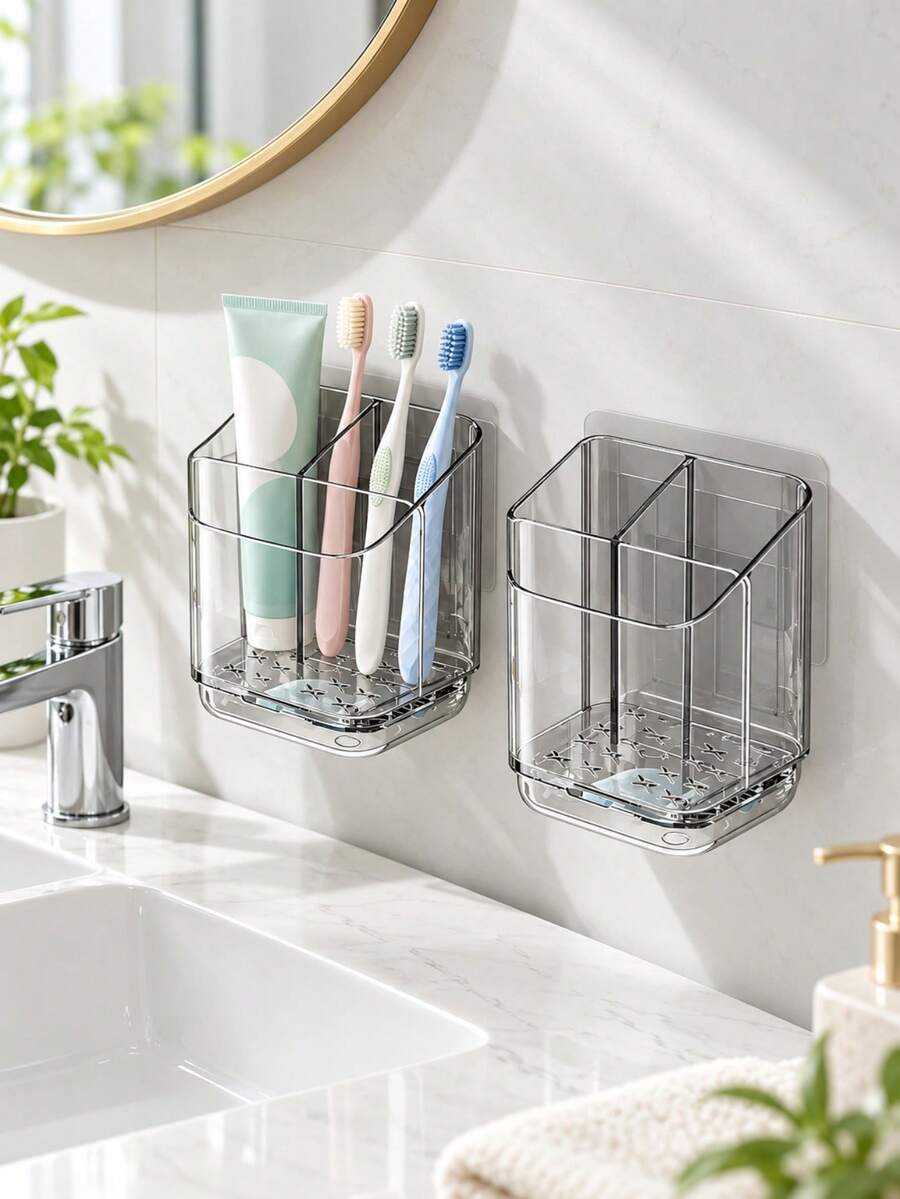 1 chiếc giá treo bàn chải đánh răng trong suốt, kệ lưu trữ chia ngăn gắn tường, phụ kiện lưu trữ phòng tắm đa năng, kệ sắp xếp phòng tắm sáng tạo không cần khoan, dùng để đựng bàn chải đánh răng, lược và dao cạo, trang trí phòng tắm gia đình