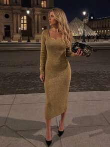 Autumn/Winter New Fine Glitter U-Neck Slim Fit Knit Long Sleeve Dress, Elastic Bodycon Slimming Long Dress, Gentle Mature Style, Suitable For Dinner, Date, Daily Commute, Holiday Party, Atmosphere Inner Layer Dress - Khaki - View 7