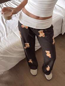 SCARLUX Fall Women Y2K Cute Teddy Bear Print Wide Leg Trousers, Fold Waist Casual Pants For Back To School Daily Commute - Brown - View 8
