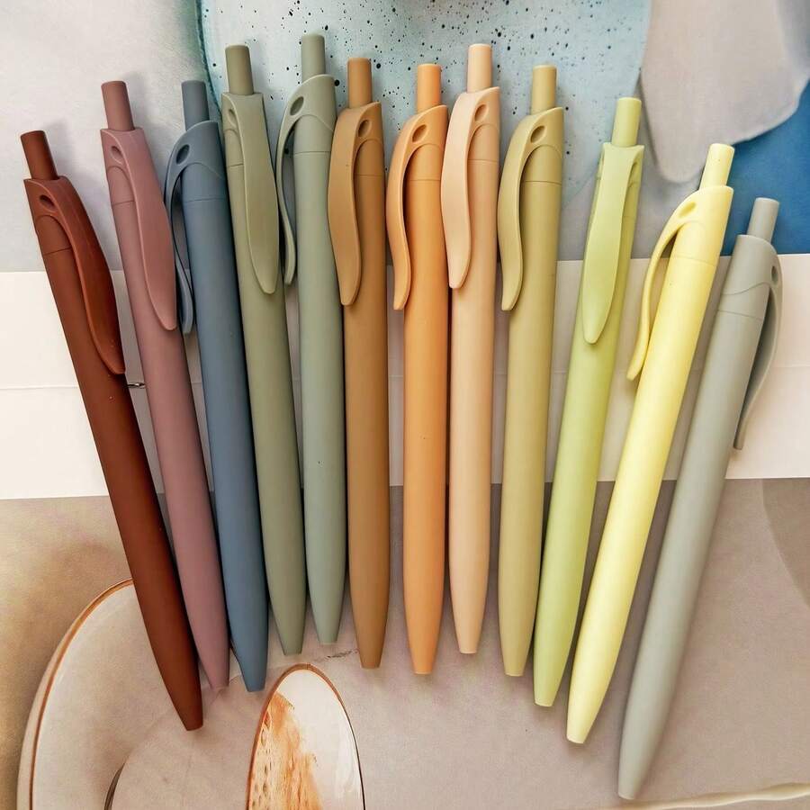 10pcs Earth Tone Ballpoint Pens, Suitable For Note-Taking, Black Ink Retractable Tip, 0.5mm Fine Point, Cute Stationery, Smooth Writing, Aesthetic Style Stationery - Sets - View 1