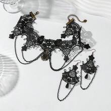 復古黑色蕾絲頸鍊，哥德宮廷風水滴吊墜，萬聖節派對鎖骨項鍊 - 黑色 tz-34 - 查看 8