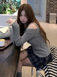 Korean Chic Women's Autumn Elegant Versatile Off-Shoulder Slim Fit Long Sleeve Knit Top With Camisole 2-Piece Set - Grey - View 6
