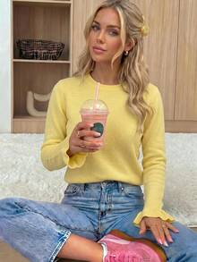Women's Fashion Cream Yellow Round Neck Ruffle Long Sleeve Casual Minimalist Comfortable Sweater, Suitable For Daily Wear, Autumn - Yellow - View 6
