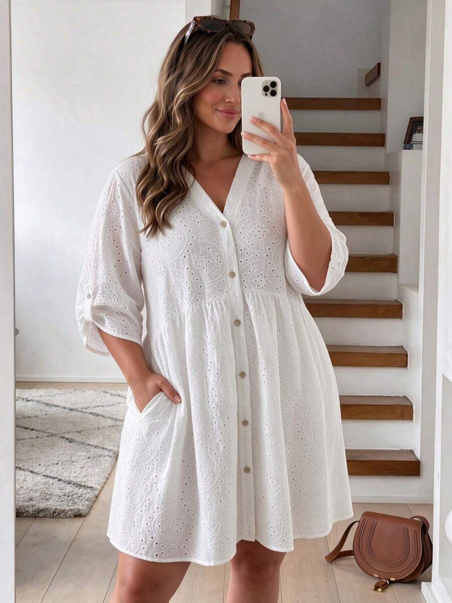 Plus Size Women's Summer Casual Vacation Solid Color Hollow Out Embroidery Dress, Spring/Summer Dress, Cardigan Dress White Elegant - White - View 1