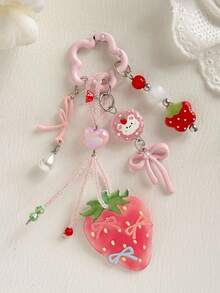 1pc Acrylic Strawberry Pink Korean Ins Style Girly Beaded Phone Chain Backpack Charm Keychain - Multicolor - View 4