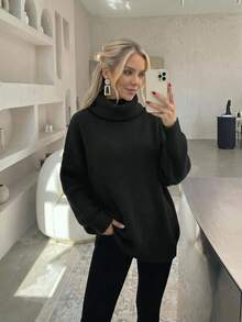New Women's Casual Fashionable Minimalist Solid Color Knitted Turtleneck Sweater, Autumn/Winter Black Fall - Black - View 11