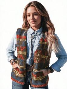 Acelitt Women's Bohemian Style Geometric Jacquard Zipper Front Vintage Vest With Pockets, Suitable For Spring And Autumn - Multicolor - View 1