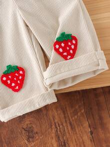 2pcs Baby Girl Sweet Cool Street Style Solid Color Ribbed High Neck Top & Strawberry Decor Corduroy Overalls Set, Thin Spring/Autumn - Burgundy - View 9