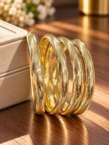 4pcs Vintage Casual Smooth Metal Bangle Bracelet Set For Women, Suitable For Daily Wear, Vacation, Date, Holiday, Party, Layering - Yellow Gold - View 5