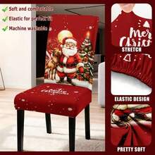 4pcs/6pcs Christmas Santa & Reindeer Print Stretch Dining Chair Cover, Removable Washable Elastic Chair Slipcover, Xmas Home Dining Room Decor - Red - View 5