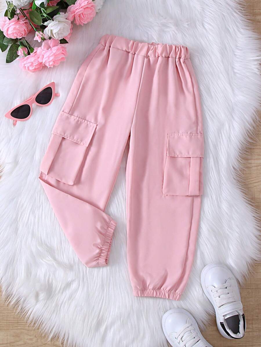 Young Girl Casual Multi-Pocket Cargo Pants With Elastic Waist And Cuffs, Suitable For Summer, Perfect For Outdoor Activities - Pink - View 1