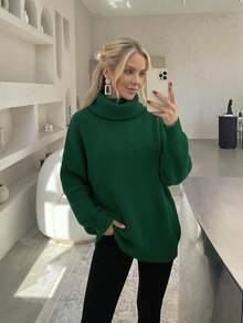New Women's Casual Fashionable Minimalist Solid Color Knitted Turtleneck Sweater, Autumn/Winter Fall - Dark Green - View 7