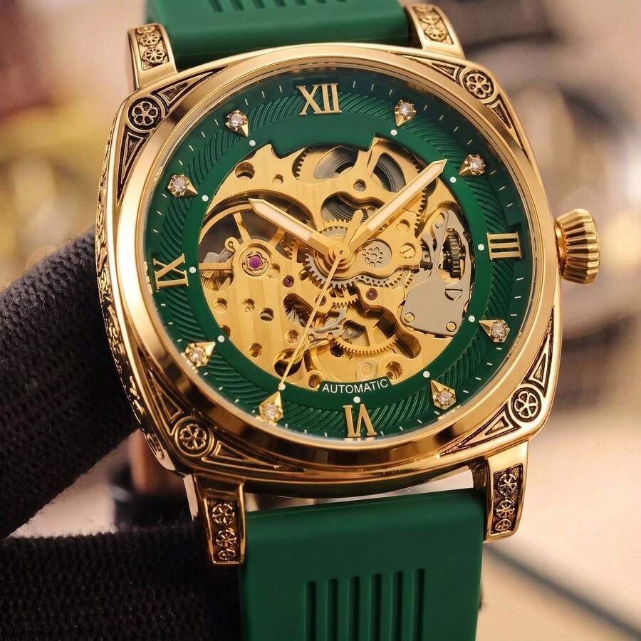 1pc Men's Luminous Engraved Hollow Design Elegant Business Style Versatile Automatic Mechanical Wrist Watch - Mouldless - View 1