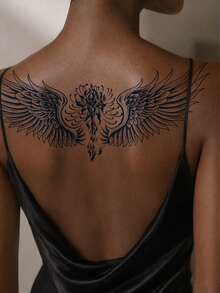 1pc Fashionable Cool Tattoo Sticker, Semi-Permanent Botanical Temporary Tattoo, Disposable Tattoo, Couple Tattoo, Wing, Flower, Double Wing Pattern Tattoo Sticker, Waterproof Non-Reflective Easy To Use, Very Realistic, Suitable For Women Or Men's Back, Chest, Waist, Abdomen, Leg, Arm, Lasts 7-14 Days, Suitable For Party, Performance, Travel And Other Occasions - Blue - View 2